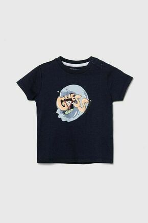 Otroška bombažna majica Guess mornarsko modra barva - mornarsko modra. Kratka majica za dojenčka iz kolekcije Guess. Model izdelan iz pletenine s potiskom.