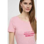 Kratka majica Morgan ženski, roza barva - roza. Kratka majica iz kolekcije Morgan, izdelana iz tanke, elastične pletenine. Model iz izjemno udobne tkanine z visoko vsebnostjo bombaža.