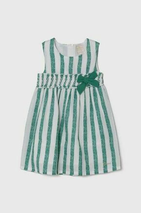 Otroška obleka z mešanico lanu Guess zelena barva - zelena. Otroški obleka iz kolekcije Guess. Model izdelan iz vzorčaste tkanine. Model iz izjemno udobne tkanine z visoko vsebnostjo bombaža.
