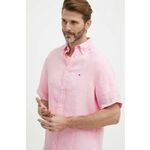 Lanena srajca Tommy Hilfiger roza barva, MW0MW35207 - roza. Srajca iz kolekcije Tommy Hilfiger, izdelana iz enobarvnega materiala. Model iz izjemno udobne, zračne tkanine.