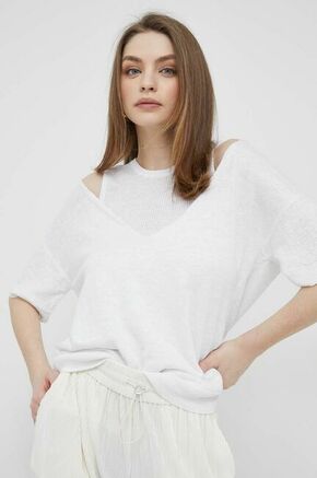 Lanen pulover Dkny bela barva - bela. Pulover iz kolekcije Dkny. Model z okroglim izrezom