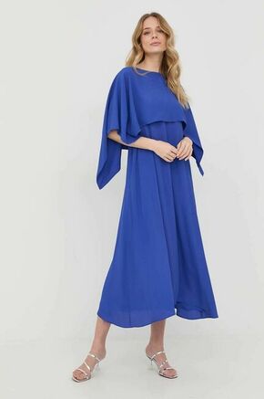 Obleka s primesjo svile Liviana Conti - modra. Obleka iz kolekcije Liviana Conti. Nabran model izdelan iz enobarvne tkanine. Model je opremljen z ogrinjalom.