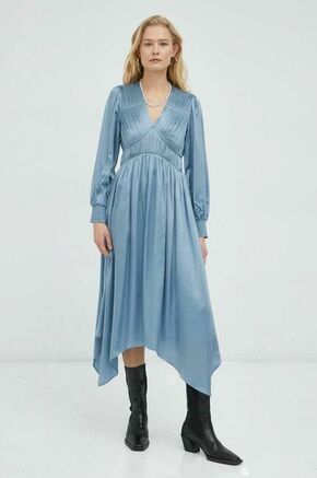 Obleka AllSaints - modra. Lahkotna obleka iz kolekcije AllSaints. Nabran model izdelan iz vzorčaste tkanine. Lahek material