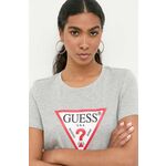 Bombažna kratka majica Guess siva barva - siva. Kratka majica iz kolekcije Guess, izdelana iz pletenine s potiskom. Model iz izjemno udobne bombažne tkanine.