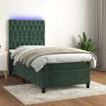 Greatstore Box spring postelja z vzmetnico LED tem. zelena 90x190 cm žamet