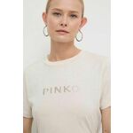 Bombažna kratka majica Pinko ženski, bež barva - bež. Ohlapna kratka majica iz kolekcije Pinko, izdelana iz tanke, elastične pletenine. Model iz izjemno udobne, zračne tkanine.