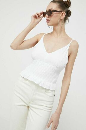 Majica Hollister Co. bela barva - bela. Majica iz kolekcije Hollister Co. Model izdelan iz lahke tkanine. Ima V izrez. Zračen material