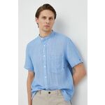 Lanena srajca Tommy Hilfiger - modra. Srajca iz kolekcije Tommy Hilfiger. Model izdelan iz enobarvne tkanine. Ima stoječi ovratnik. Lahek material, namenjen za toplejše letne čase.