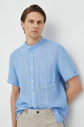 Lanena srajca Tommy Hilfiger - modra. Srajca iz kolekcije Tommy Hilfiger. Model izdelan iz enobarvne tkanine. Ima stoječi ovratnik. Lahek material
