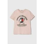 Otroška bombažna kratka majica Tommy Hilfiger roza barva - roza. Otroške kratka majica iz kolekcije Tommy Hilfiger. Model izdelan iz pletenine s potiskom. Model iz zračne bombažne tkanine.