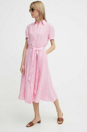 Lanena obleka Polo Ralph Lauren roza barva