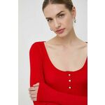 Majica z dolgimi rokavi Guess ženski, rdeča barva - rdeča. Majica z dolgimi rokavi iz kolekcije Guess, izdelana iz enobarvne pletenine. Model iz izjemno udobne tkanine z visoko vsebnostjo viskoze.