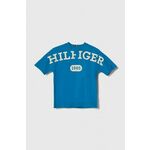 Otroška bombažna kratka majica Tommy Hilfiger - modra. Otroške kratka majica iz kolekcije Tommy Hilfiger, izdelana iz izjemno udobne pletenine. Model iz mehke in na otip prijetne tkanine.