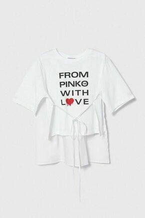 Otroška kratka majica Pinko Up bela barva - bela. Otroške kratka majica iz kolekcije Pinko Up. Model izdelan iz pletenine s potiskom. Model iz izjemno udobne tkanine z visoko vsebnostjo bombaža.