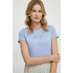 Bombažna kratka majica BOSS ženski - modra. Kratka majica iz kolekcije BOSS, izdelana iz tanke, elastične pletenine. Model iz izjemno udobne in zračne tkanine je idealen za toplejše letne čase.