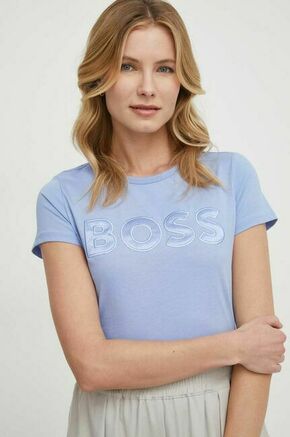 Bombažna kratka majica BOSS ženski - modra. Kratka majica iz kolekcije BOSS