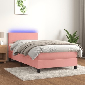 Shumee Box spring postelja z vzmetnico LED roza 90x200 cm žamet