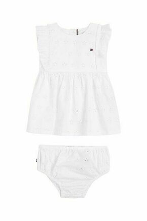 Otroška bombažna obleka Tommy Hilfiger bela barva - bela. Obleka za dojenčke iz kolekcije Tommy Hilfiger. Nabran model