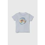 Otroška bombažna majica Guess - modra. Kratka majica za dojenčka iz kolekcije Guess. Model izdelan iz pletenine s potiskom.