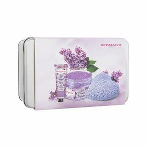 Dermacol Lilac Flower Shower Body Scrub darilni set piling za telo Lilac Flower Shower 200 g + krema za roke Lilac Flower Care 30 ml + dekorativna dišeča sveča + pločevinasta škatla