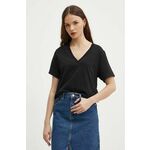 Bombažna kratka majica Sisley ženski, črna barva - črna. Kratka majica iz kolekcije Sisley, izdelana iz tanke, elastične pletenine. Model iz izjemno udobne bombažne tkanine, ki je zračna.