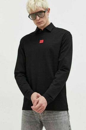 Bombažna majica z dolgimi rokavi HUGO črna barva - črna. Majica z dolgimi rokavi iz kolekcije HUGO. Model izdelan iz pletenine z nalepko. Model iz izjemno udobne bombažne tkanine.
