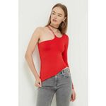 Majica z dolgimi rokavi Tommy Jeans ženski, rdeča barva - rdeča. Majica z dolgimi rokavi iz kolekcije Tommy Jeans, izdelana iz enobarvne pletenine. Zelo elastičen material zagotavlja popolno svobodo gibanja.