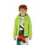 Otroška jakna Guess zelena barva - zelena. Otroški jakna iz kolekcije Guess. Delno podložen model, izdelan iz gladkega materiala. Model s sintetično izolacijo za dodatno udobje pri nižjih temperaturah.