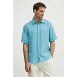 Lanena srajca BOSS BOSS ORANGE - modra. Srajca iz kolekcije BOSS, izdelana iz enobarvne tkanine. Model iz izjemno udobne, zračne tkanine.