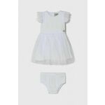 Obleka za dojenčka Guess bela barva - bela. Obleka za dojenčke iz kolekcije Guess. Nabran model, izdelan iz kombinacija dveh različnih materialov. Tanek, gosto pleten material.