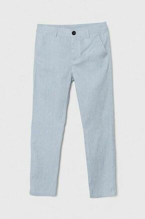 Otroške lanene hlače Guess - modra. Otroški Lahkotne hlače iz kolekcije Guess. Model izdelan iz enobarvne tkanine. Model iz zračne tkanine z visoko vsebnostjo lanu.