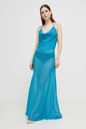 Obleka Trussardi - modra. Obleka iz kolekcije Trussardi. Model izdelan iz vzorčaste tkanine. Zaradi vsebnosti poliestra je tkanina bolj odporna na gubanje.