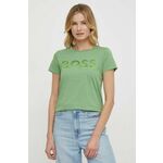 Bombažna kratka majica BOSS ženski, zelena barva - zelena. Kratka majica iz kolekcije BOSS, izdelana iz tanke, elastične pletenine. Model iz izjemno udobne in zračne tkanine je idealen za toplejše letne čase.