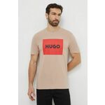 Bombažna kratka majica HUGO bež barva - bež. Ohlapna kratka majica iz kolekcije HUGO. Model izdelan iz tanke, elastične pletenine. Izjemno udoben material.