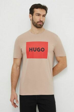 Bombažna kratka majica HUGO bež barva - bež. Ohlapna kratka majica iz kolekcije HUGO. Model izdelan iz tanke