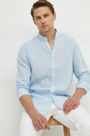 Lanena srajca BOSS BOSS ORANGE - modra. Srajca iz kolekcije BOSS. Model izdelan iz enobarvne tkanine. Ima stoječi ovratnik. Lahek material