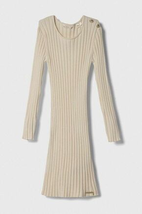 Otroška obleka Guess bež barva - bež. Otroški obleka iz kolekcije Guess. Model izdelan iz enobarvne pletenine. Model iz izjemno udobne tkanine z visoko vsebnostjo viskoze.