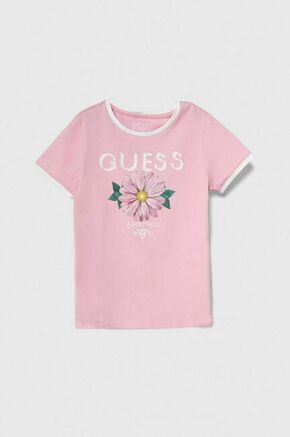 Otroška kratka majica Guess roza barva - roza. Otroške lahkotna kratka majica iz kolekcije Guess. Model izdelan iz visokokakovostne pletenine