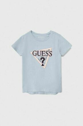 Otroška kratka majica Guess - modra. Otroške lahkotna kratka majica iz kolekcije Guess. Model izdelan iz visokokakovostne pletenine
