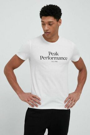 Bombažna kratka majica Peak Performance bela barva - bela. Kratka majica iz kolekcije Peak Performance. Model izdelan iz pletenine s potiskom.