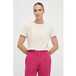 Kratka majica Guess ženski, roza barva - roza. Kratka majica iz kolekcije Guess, izdelana iz pletenine z nalepko. Model iz izjemno udobne tkanine z visoko vsebnostjo bombaža.