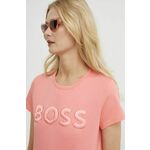 Bombažna kratka majica BOSS ženski, vijolična barva - roza. Kratka majica iz kolekcije BOSS, izdelana iz tanke, elastične pletenine. Model iz izjemno udobne in zračne tkanine je idealen za toplejše letne čase.