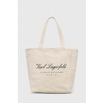 Dvostranska torba za plažo Karl Lagerfeld bež barva - bež. Velika torbica iz kolekcije Karl Lagerfeld. Model brez zapenjanja, izdelan iz tekstilnega materiala.