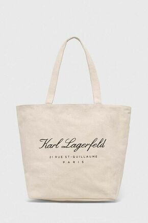 Dvostranska torba za plažo Karl Lagerfeld bež barva - bež. Velika torbica iz kolekcije Karl Lagerfeld. Model brez zapenjanja