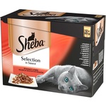shumee Izbor vrečk SHEBA v omaki Juicy Flavors - mokra hrana za mačke v omaki (z govedino, jagnjetino, piščancem, puranom) 12x85g