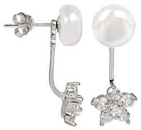 JwL Luxury Pearls Srebrni dvojni uhani s pravim belim biserom in cirkonovim cvetom 2in1 JL0281 srebro 925/1000