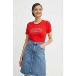 Bombažna kratka majica Tommy Hilfiger ženski, rdeča barva - rdeča. Kratka majica iz kolekcije Tommy Hilfiger, izdelana iz pletenine s potiskom. Model iz zračne bombažne tkanine.