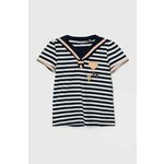 Otroška kratka majica Guess mornarsko modra barva - mornarsko modra. Otroške lahkotna kratka majica iz kolekcije Guess. Model izdelan iz pletenine, prijetne na otip. Model iz visokokakovostnega in trajnostnega materiala.