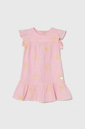 Otroška bombažna obleka Guess roza barva - roza. Otroški obleka iz kolekcije Guess. Model izdelan iz tkanine z dekorativnim vezenjem. Model iz izjemno udobne bombažne tkanine.