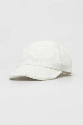 Bombažna bejzbolska kapa Guess bela barva - bela. Kapa s šiltom vrste baseball iz kolekcije Guess. Model izdelan iz tkanine z nalepko. Bombažen